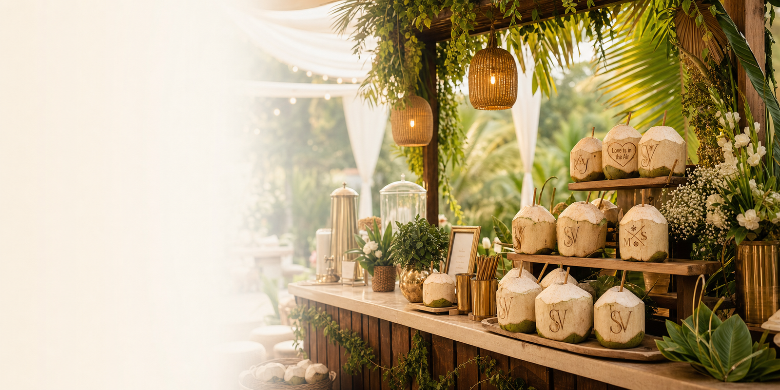 Luxury coconut bar setup with premium fresh coconuts and event styling